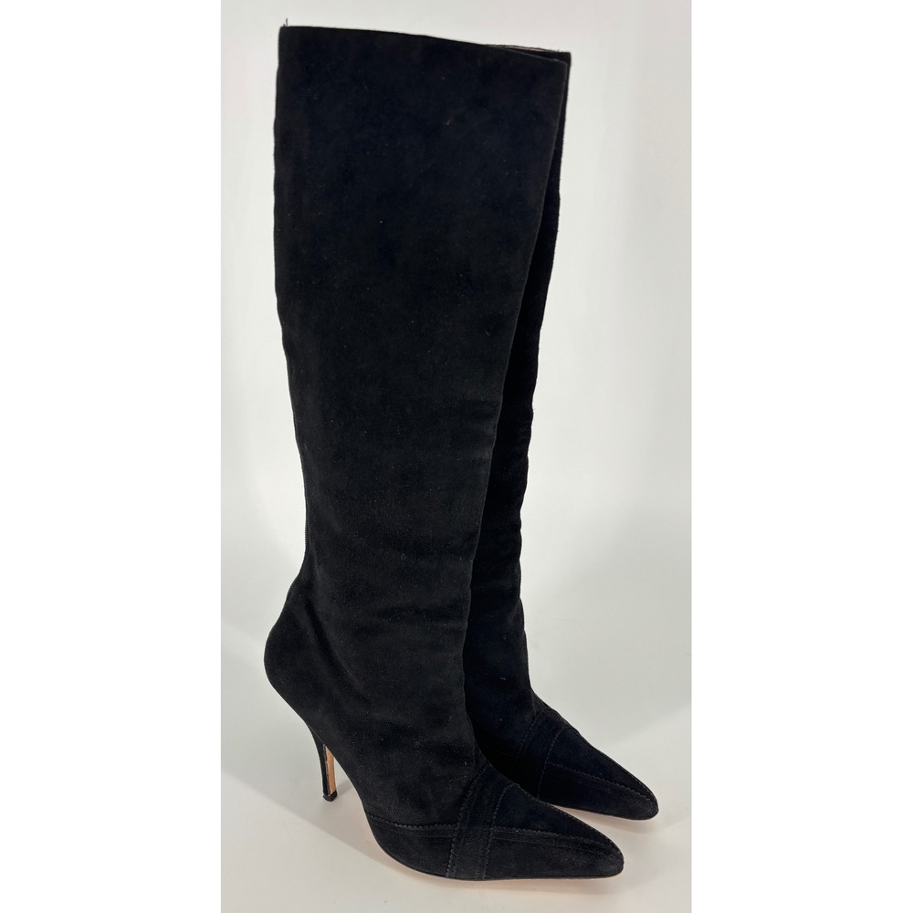 Manolo Blahnik Suede Knee-High Boots Black Women Size 40 Pointed Toe Stiletto